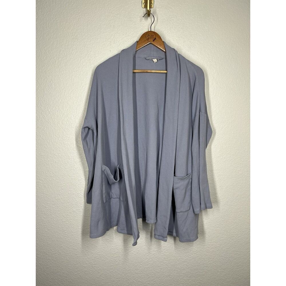 Eileen Fisher Waffle Knit Shawl Cardigan Sweater L/ XL Light Blue Organic Cotton